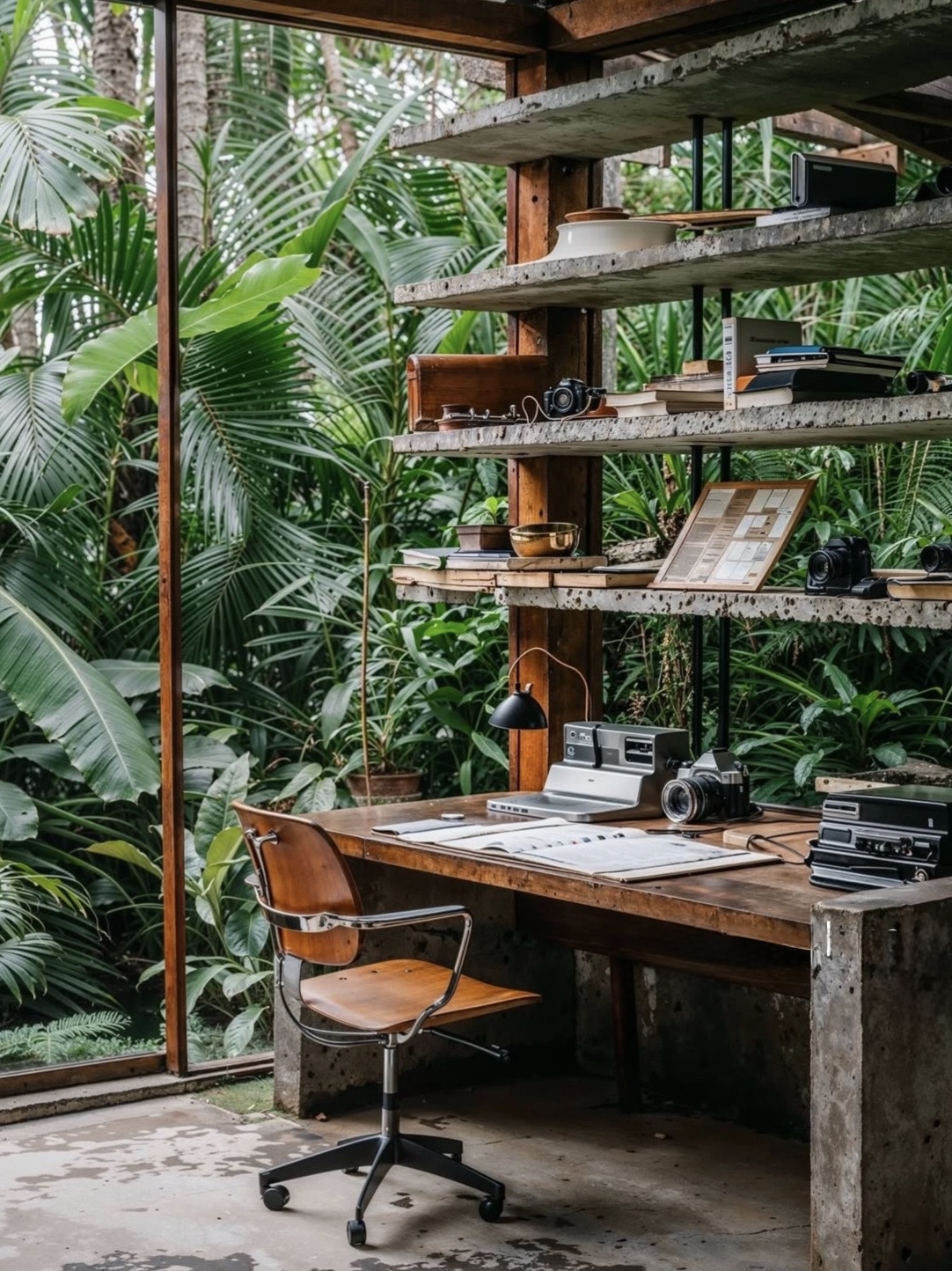 A concrete and botanical workspace — structure meeting nature, inside blurring into outside